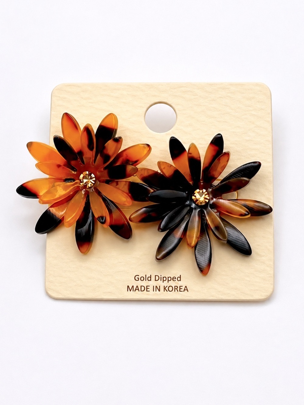 Faux Tortoise Shell Flower Earrings Rhinestone Gold Dipped NWT